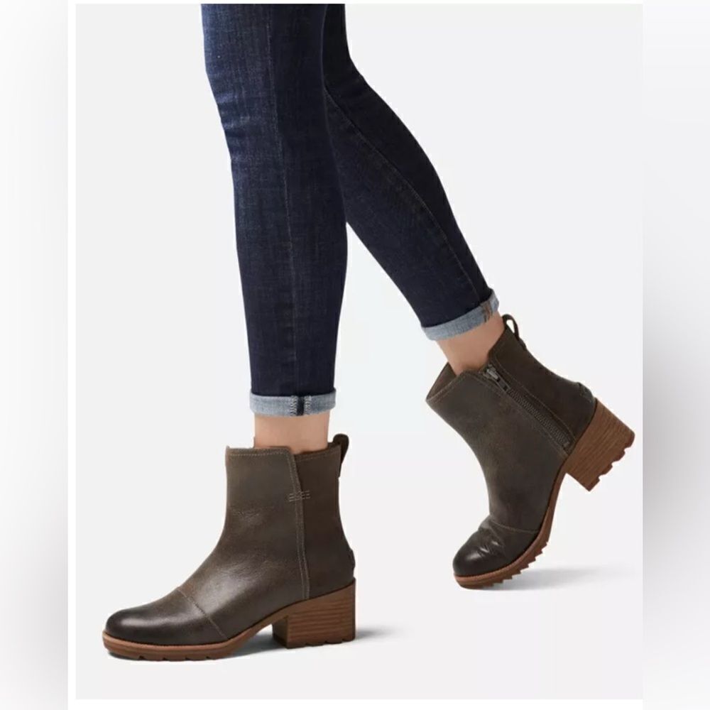 Sorel Cate Bootie Ankle Boot Leather Block Heel Major Brown. 7 - Picture 13 of 13